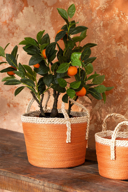 J-Line mand met handvatten - papier - naturel/donkeroranje - set van 3