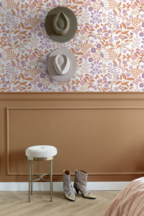ESTAhome behang bloemen en vogels lila paars en terracotta - 53 cm x 10.05 m - 131392