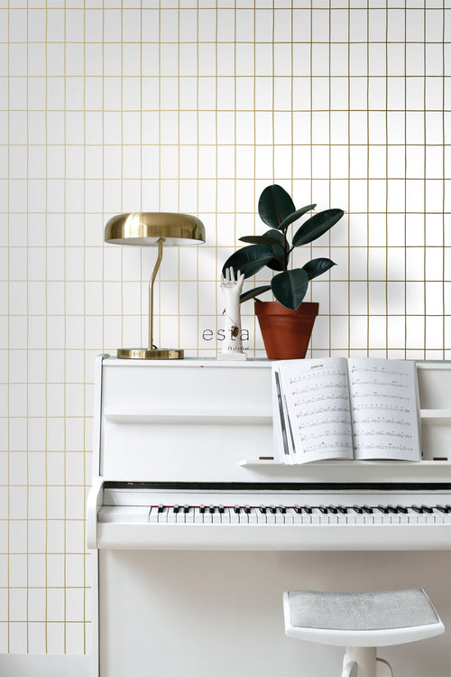 ESTAhome behang kleine tegeltjes wit en goud - 53 cm x 10.05 m - 139131