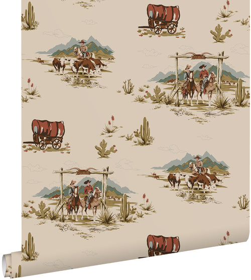 ESTAhome behang cowboys donker beige, blauw en groen - 50 x 900 cm - 131411 - vtwonen shop
