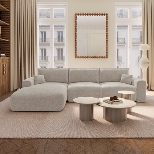 Premium Interiors - Linkshoekbank met slaapfunctie en opbergruimte COMO - bouclé-stof lichtgrijs 297cm