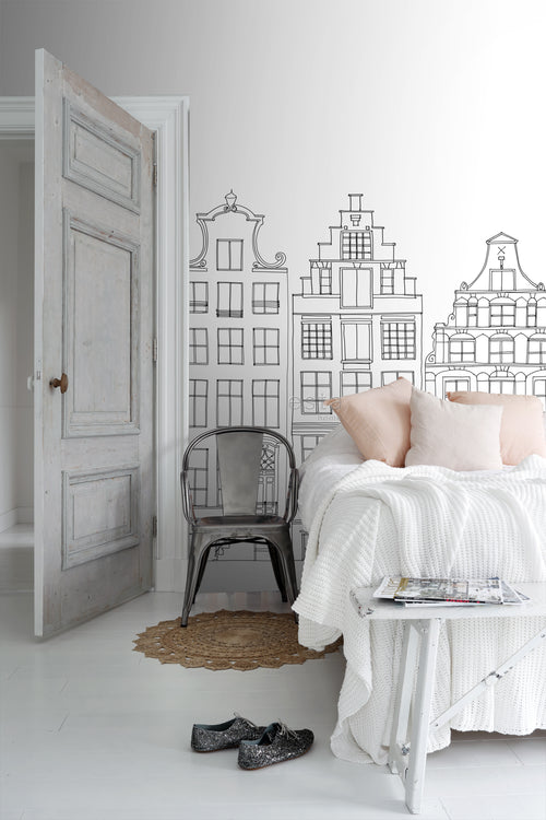 ESTAhome fotobehang getekende Amsterdamse grachtenhuisjes zwart en wit - 300 x 279 cm - 159103 - vtwonen shop