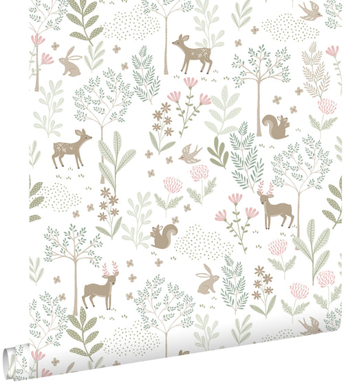 ESTAhome behang bos met bosdieren groen en roze - 53 cm x 10.05 m - 139519
