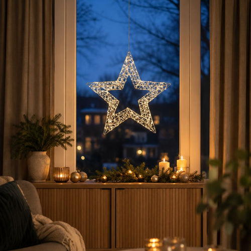 Luca Lighting Ster Hangend Zilver met 600 Warm Witte LED's - Kerstversiering voor Raam of Muur - Inclusief Adapter en Timer - Diameter 45 x Breedte 5