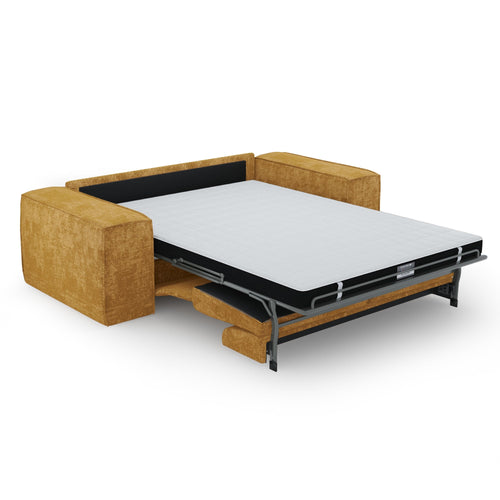 Premium Interiors - Snel uitklapbare slaapbank JUNE - gewaafd fluweel mosterd 216cm