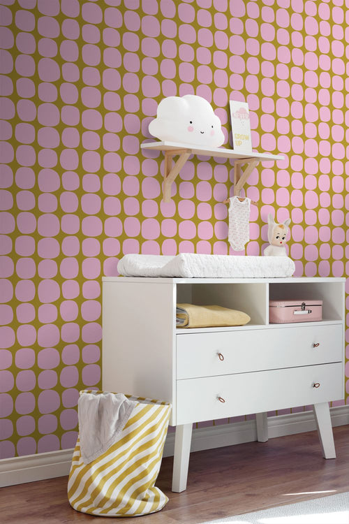 ESTAhome behang grafisch motief lila roze en mosterdgeel - 50 x 900 cm - 131983