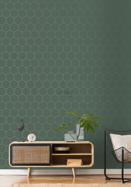 ESTAhome behang hexagon donkergroen en goud - 53 cm x 10.05 m - 139228