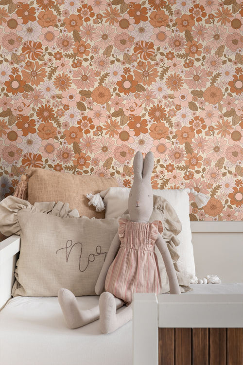 ESTAhome behang retro bloemen terracotta roze en oranje - 53 cm x 10.05 m - 130962
