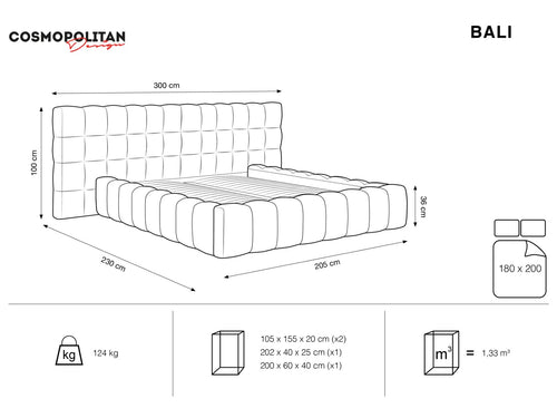 Cosmopolitan Design Opbergbed met dubbel hoofdbord Bali 180x200cm, flueel, lichtgrijs - 230x300x100cm