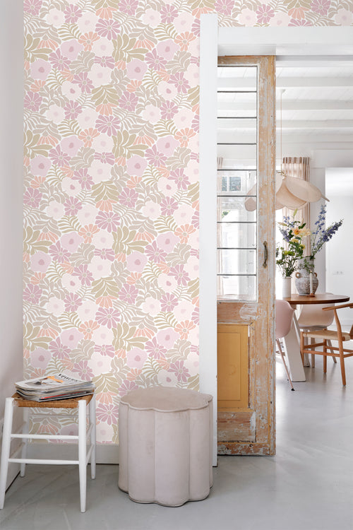 ESTAhome behang bloemen in Matisse stijl lichtpaars, groen en oranje - 50 x 900 cm - 131002 - vtwonen shop