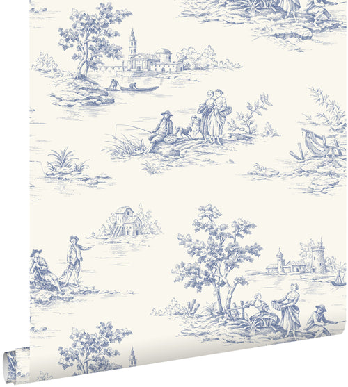 ESTAhome behang toile de jouy print blauw en wit - 50 x 900 cm - 132110