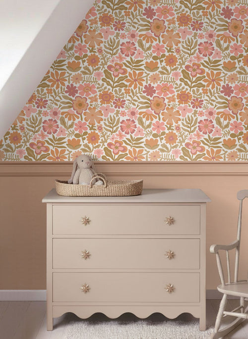 ESTAhome behang bloemetjes oranje en roze - 50 x 900 cm - 132291