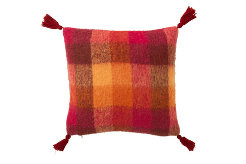 J-Line kussen Ruitjes + Kwastjes - textiel - oranje/bordeaux