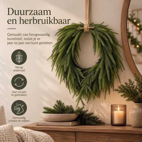 Mica Decorations Krans Dennenappel Groen - Decoratieve Krans met Sierlijke Dennentakken - Kunststof Krans voor Deur, Muur of Schouw - Afmeting