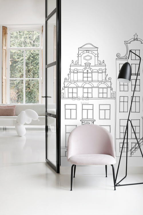 ESTAhome fotobehang getekende Amsterdamse grachtenhuisjes zwart en wit - 450 x 279 cm - 159104 - vtwonen shop