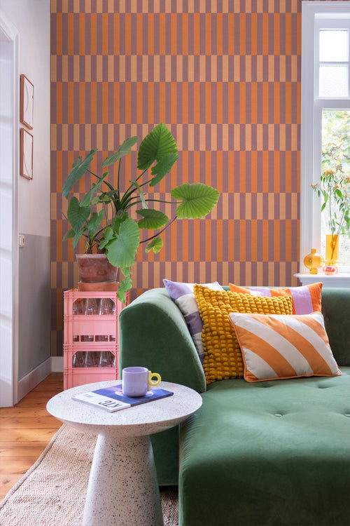 ESTAhome behang linnen-look strepen paars en oranje - 50 x 900 cm - 132253