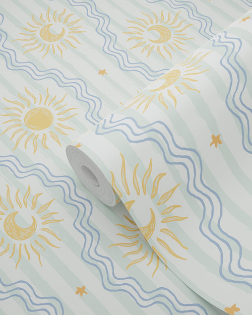 ESTAhome behang retro ornamenten mintgroen, blauw en geel - 50 x 900 cm - 132016