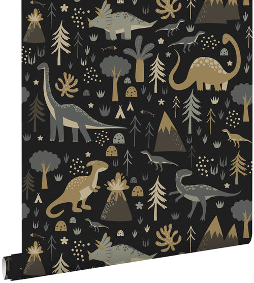 ESTAhome behang dinosaurussen vergrijsd blauw, bruin en zwart - 50 x 900 cm - 139803