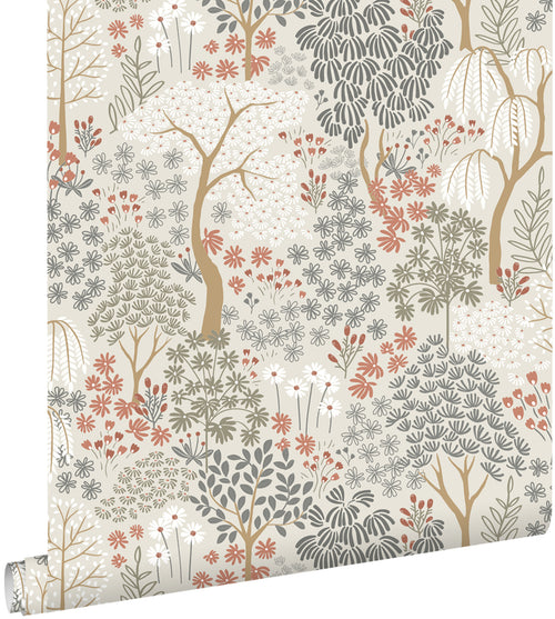 ESTAhome behang bomen en bloemen vergrijsd groen en terracotta - 50 x 900 cm - 131187 - vtwonen shop