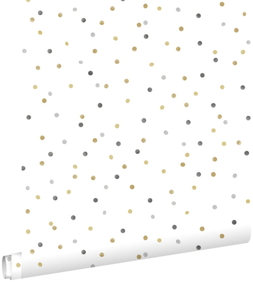 ESTAhome behang stippen goud, lichtgrijs en donkergrijs - 53 cm x 10.05 m - 139050