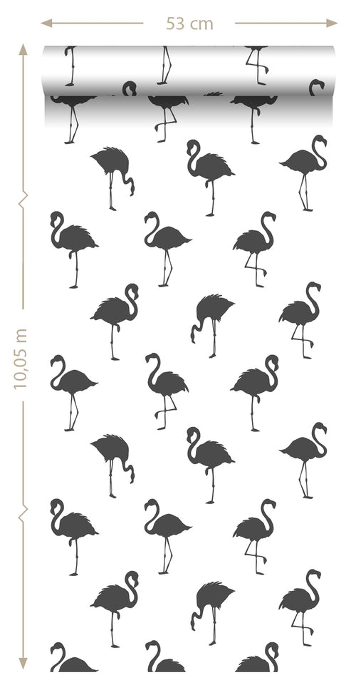 ESTAhome behang flamingo's zwart en wit - 53 cm x 10.05 m - 138993