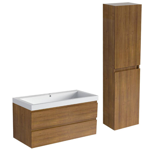 LOMAZOO badmeubelset Avalon - met hoge kast & witte wastafel - warm eiken - 100 cm