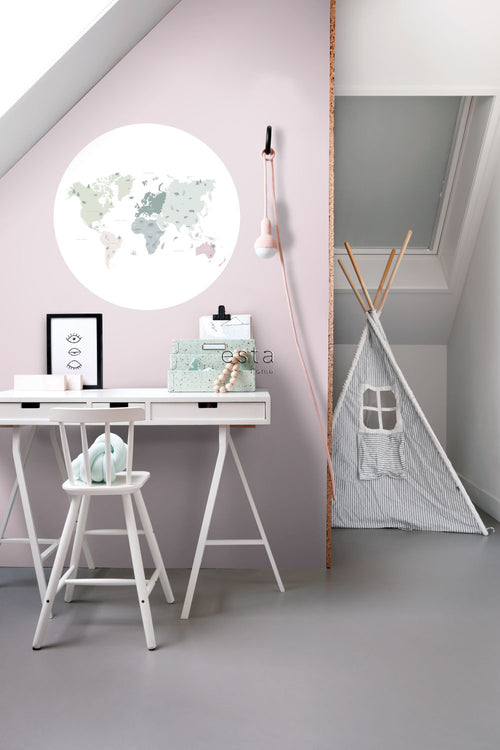 ESTAhome zelfklevende behangcirkel wereldkaart voor kinderen mintgroen, grijs en roze - Ø 70 cm - 158986