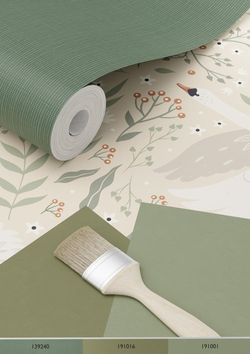 ESTAhome behang zwanen beige, wit en vergrijsd groen - 53 cm x 10.05 m - 139797