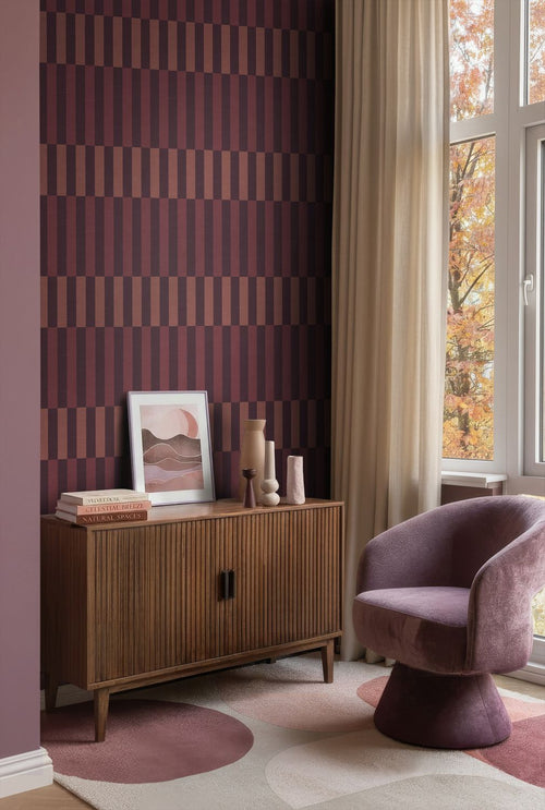 ESTAhome behang linnen-look strepen paars en bordeaux rood - 50 x 900 cm - 132254
