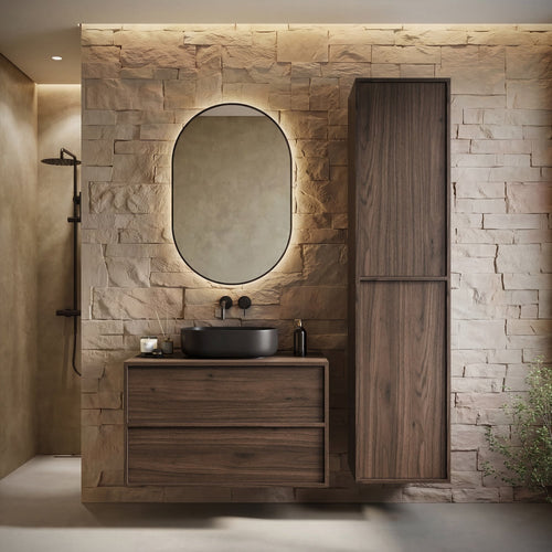 Badplaats Badkamerkast Mali 38 x 33 x 160 cm – Walnoot Bruin – Hangende Kolomkast met 2 Deuren