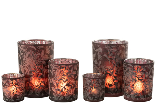 J-Line windlicht Bloemen - glas - paars/zilver - large - 2 stuks