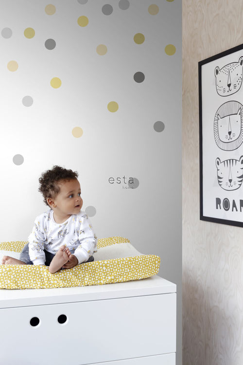 ESTAhome fotobehang confetti dots geel en grijs - 200 x 279 cm - 158930 - vtwonen shop