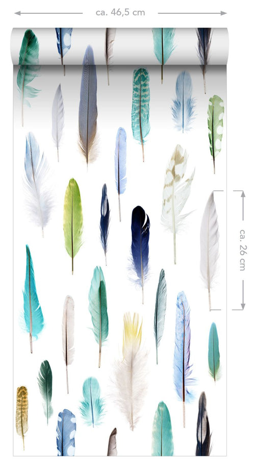 ESTAhome XXL behang veren groen, blauw en beige - 50 x 900 cm - 158602 - vtwonen shop