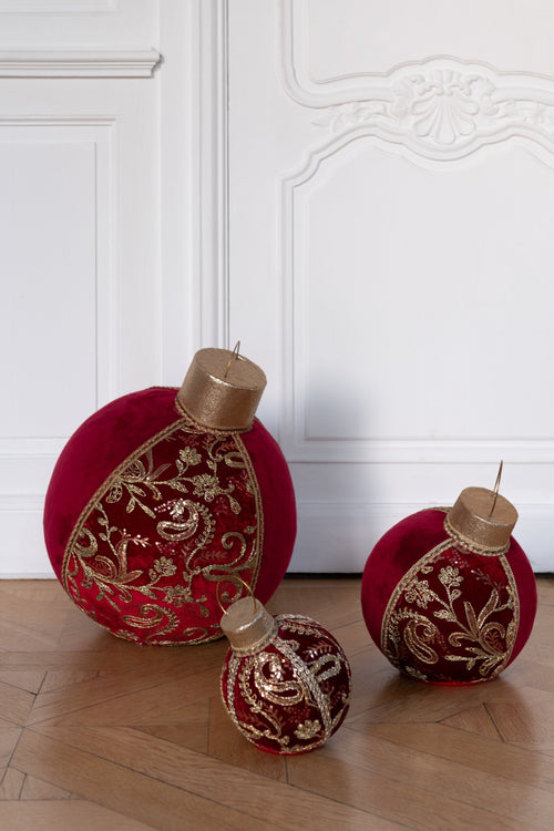 J-Line kerstbal Patroon - polyfoam/textiel - rood/goud - small