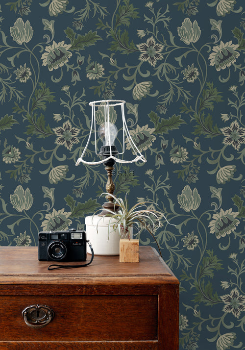 ESTAhome behang vintage bloemen donkerblauw en groen - 53 cm x 10.05 m - 139416