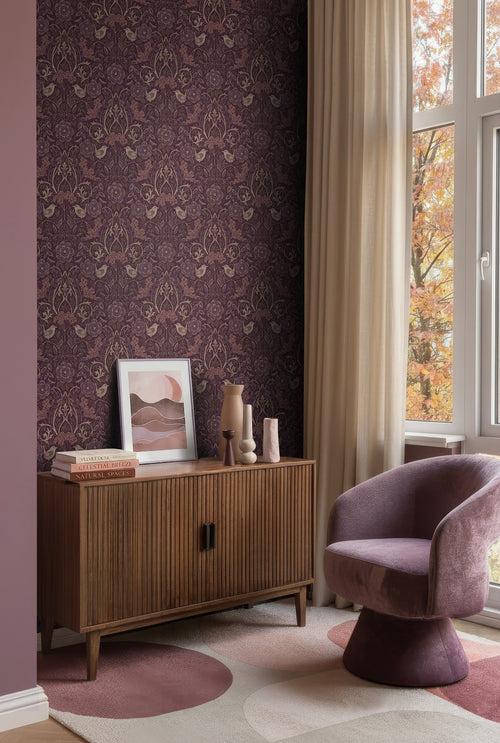 ESTAhome behang bloemen en vogels in art nouveau stijl aubergine paars - 50 x 900 cm - 131635
