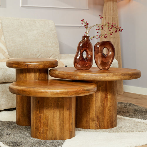 StarFurn Salontafel Maya - Rond Naturel Mangohout - Set van 3
