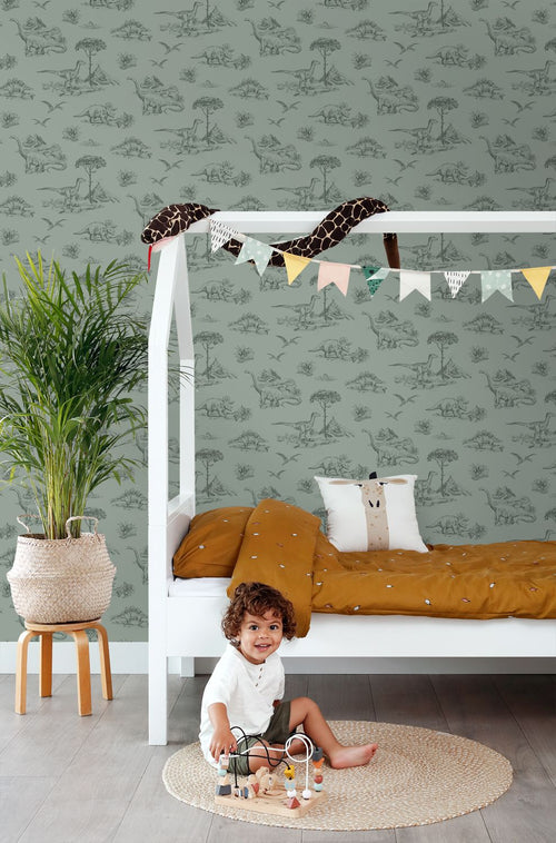 ESTAhome behang dinosaurussen vergrijsd groen - 53 cm x 10.05 m - 139358
