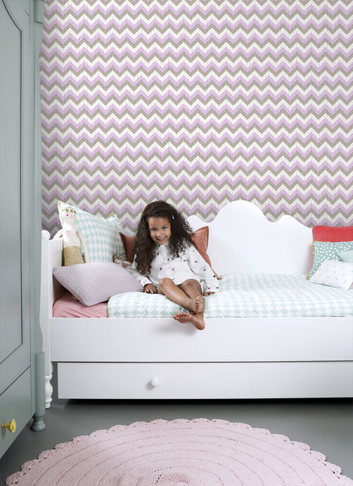 ESTAhome behang zigzag motief taupe en paars - 53 cm x 10.05 m - 138137