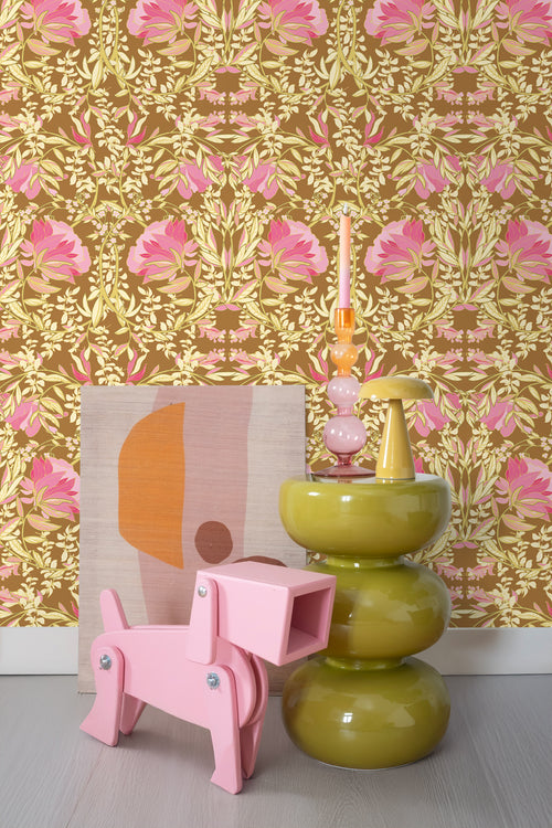 ESTAhome behang vintage bloemen in art nouveau stijl groen en fuchsia roze - 50 x 900 cm - 131731