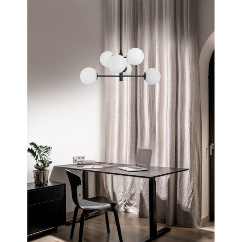 Merano Diego 6-lichts globe hanglamp wit mat glas zwart metaal LED E14