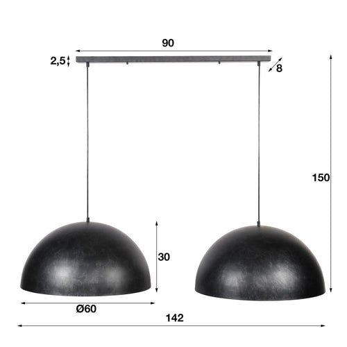 Giga Meubel Hanglamp Dome - Zwart Metaal - 2-Lichts - 142x60x150cm