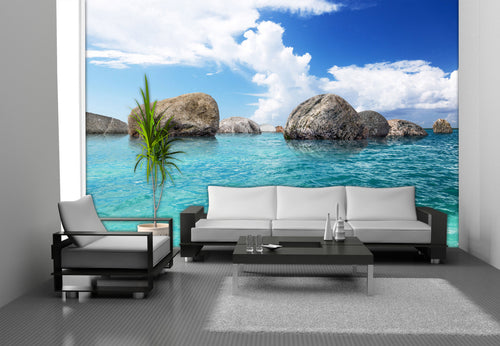 Sanders & Sanders fotobehang zeezicht blauw, turquoise en grijs - 375 x 270 cm - 600421