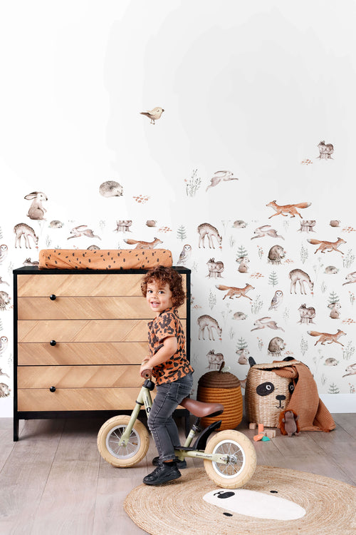 ESTAhome behang vintage bosdieren wit, oranje en bruin - 53 cm x 10.05 m - 139399