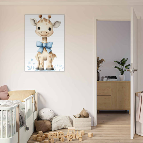 Artfulprints Poster Giraffe met blauwe strik   - 70x100 cm - Geel