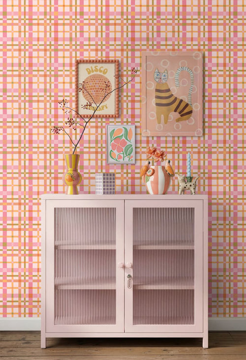 ESTAhome behang ruitjes roze, groen en terracotta - 50 x 900 cm - 132052