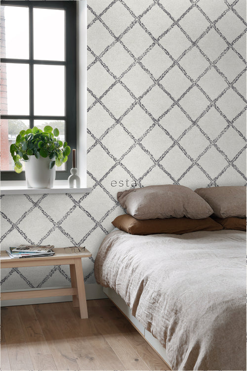 ESTAhome behang oosters berber tapijt zwart en mat wit - 53 cm x 10.05 m - 148666