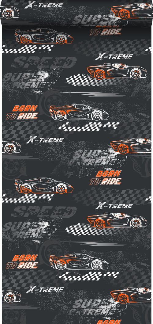Sanders & Sanders behang race auto's oranje en zwart wit - 50 x 900 cm - 935366