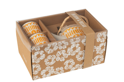 J-Line kop + theepot Strepen set - keramiek - oranje - giftbox van 3