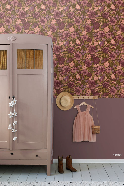 ESTAhome behang bloemen vergrijsd groen en paars - 50 x 900 cm - 132200